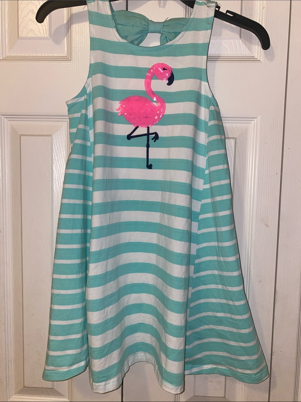 Tommy Bahama Aqua and White Striped Dress with Pink Sequin Flamingo-Cotton Blend